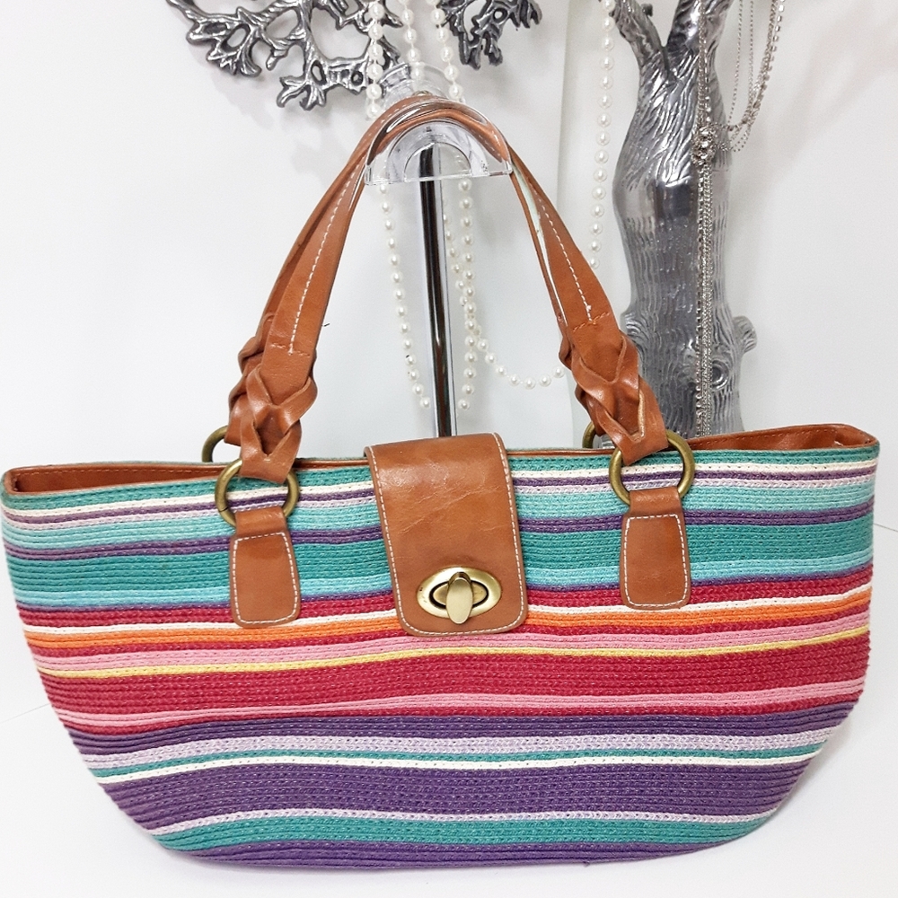 Beach Boho Woven Bag|Shoulder Tote Bag | Multicolor Stripped Cotton - Picture 2 of 12